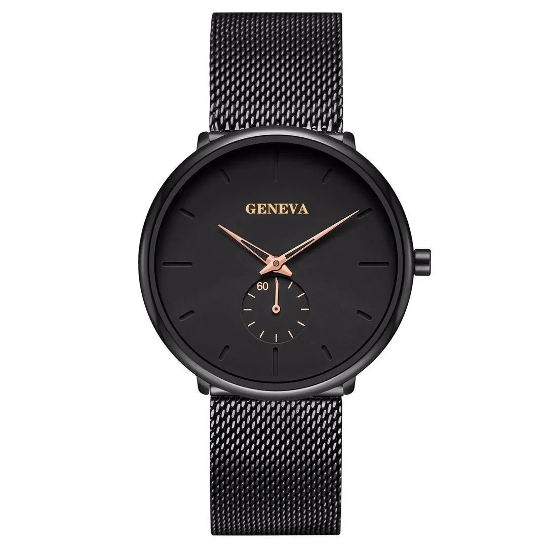 Men’s Ultra Thin Minimalist Watch – Leather & Stainless Steel Mesh Strap