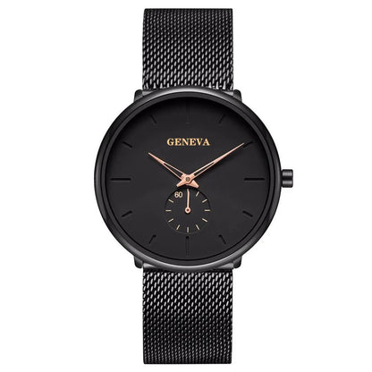 Men’s Ultra Thin Minimalist Watch – Leather & Stainless Steel Mesh Strap