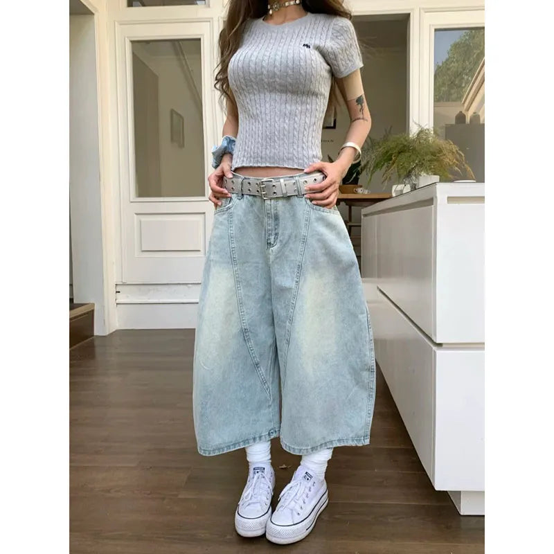 Women’s High-Waisted Denim Bermuda Bottom – Vintage Loose-Fit Straight-Leg Five-Point Pants Summer Style