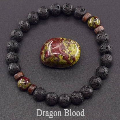 Men’s Tiger Eye & Lava Stone Bead Bracelet – Tibetan Buddha Elastic Wristband Jewelry