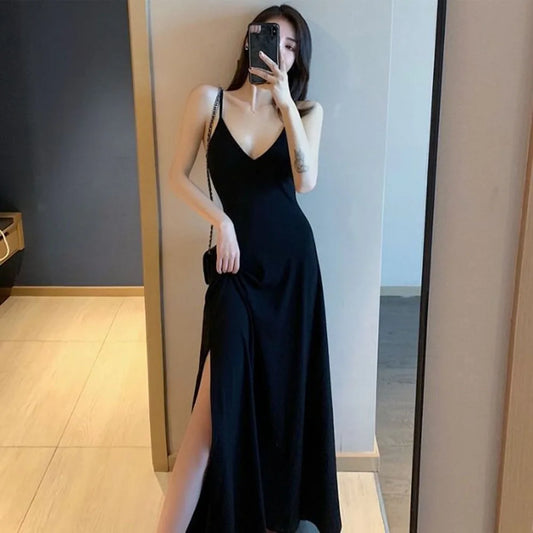 Women’s Black V-Neck Backless Maxi Dress – Sleeveless High Waist Side Slit Casual Long Elegant Dress