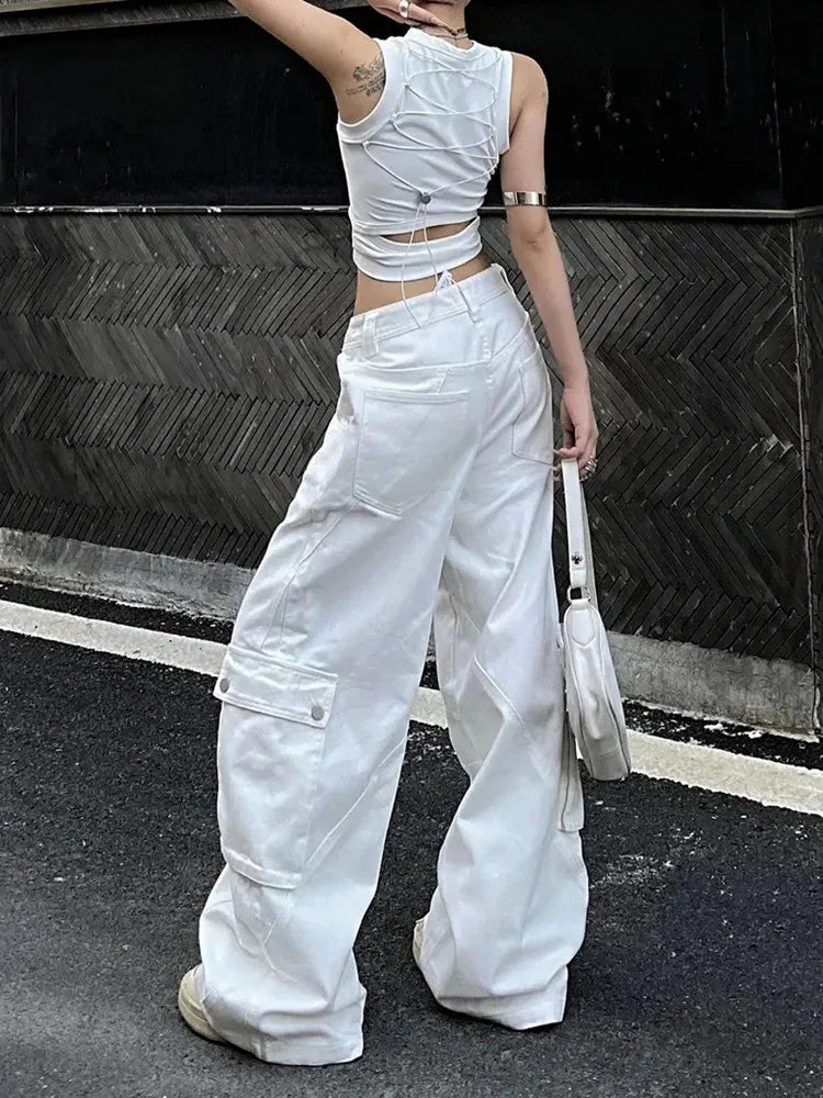 Women’s Korean Y2K Cargo Jeans Bottom – White Baggy Kpop Pants, Straight Wide Leg Elegant Trousers for Casual Streetwear Outfits