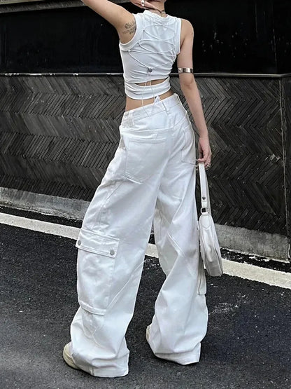 Women’s Korean Y2K Cargo Jeans Bottom – White Baggy Kpop Pants, Straight Wide Leg Elegant Trousers for Casual Streetwear Outfits