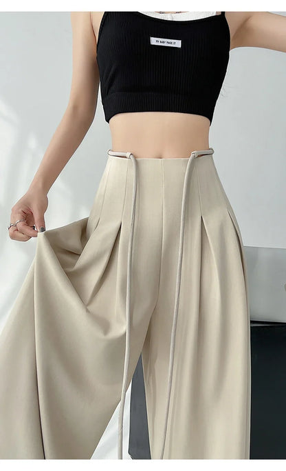 Women’s Streetwear Wide Leg Pants Bottom – Korean High Waist Lace-Up Suit Trousers, Elegant Black Summer Fashion