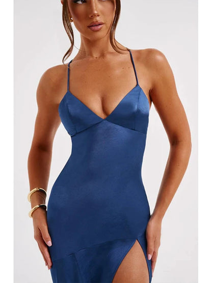 Women’s Satin Spaghetti Strap Dress – Elegant Backless Lace-Up Split Hem Long Party Maxi Dress