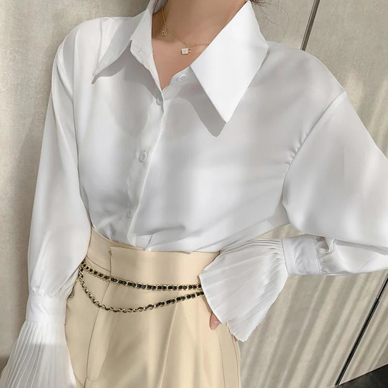Women’s Flare Sleeve Button-Up Shirt Top – Elegant Office Blouse Fall Fashion