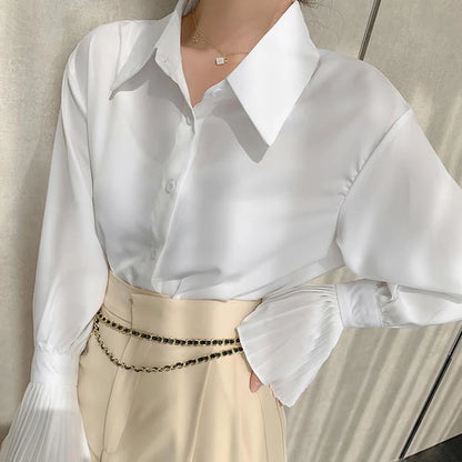 Women’s Flare Sleeve Button-Up Shirt Top – Elegant Office Blouse Fall Fashion