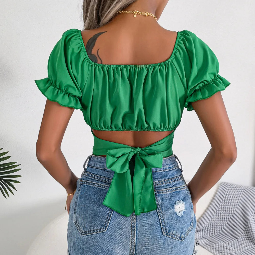 Women’s Square Neck Top | Sexy Summer Ruffle Crop Top | Solid Short Sleeve Y2K Slim Fit