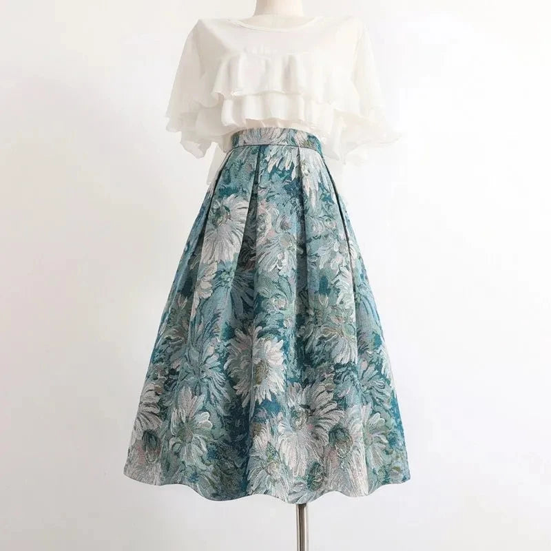 Women’s Sky Blue Floral Painting Skirt Bottom – High Waist A-Line Ball Gown Knee-Length Skirt