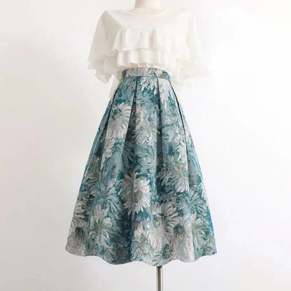 Women’s Sky Blue Floral Painting Skirt Bottom – High Waist A-Line Ball Gown Knee-Length Skirt