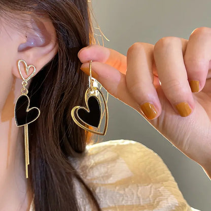 Women’s Jewelry Black Heart Tassel Drop Earrings | Gold Tone | Party | Wedding