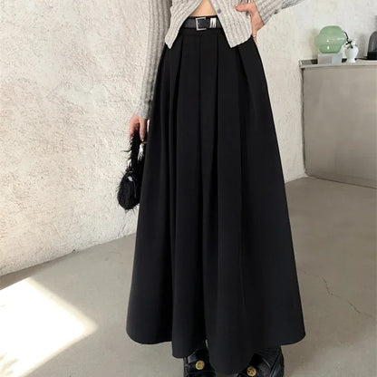 Women’s Pleated Long Skirt Bottom – Solid Color Mid-Length Large Swing Skirt Versatile Elegant Style