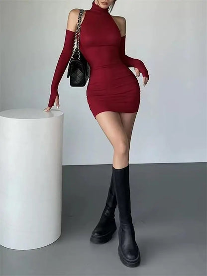Women’s Ruched Turtleneck Mini Dress – Long Sleeve Stretchy Party Dress