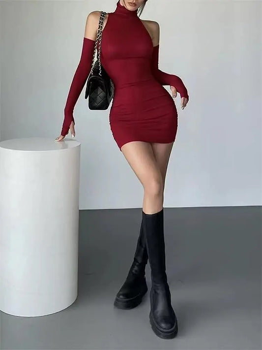 Women’s Ruched Turtleneck Mini Dress – Long Sleeve Stretchy Party Dress