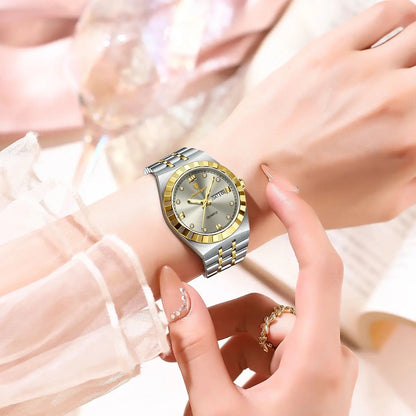 Women’s Luxury Stainless Steel Watch – Luminous Waterproof Design with Week & Date Display