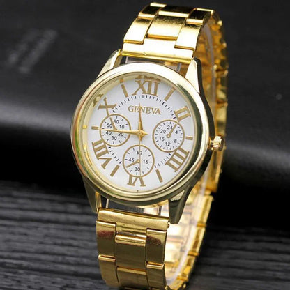 Men’s Light Luxury Watch – Gold Stainless Steel Wristwatch with 3-Eye Dial