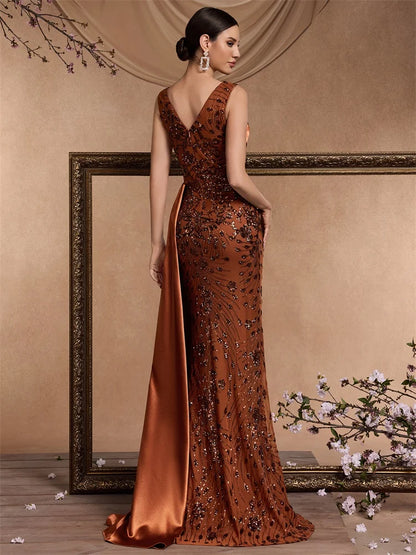 Women’s Sequin Mermaid Evening Maxi Dress – Elegant V-Neck Sleeveless Formal Gown