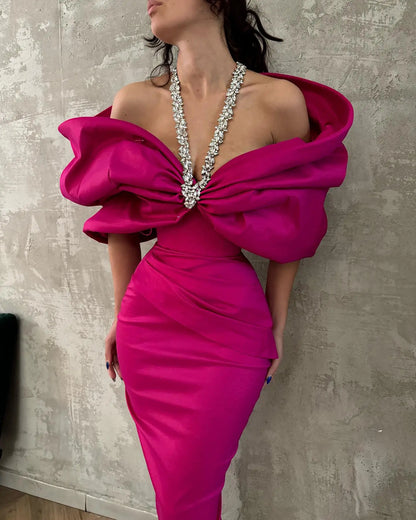 Women’s Red & Black Crystal Halter Dress – Off-Shoulder Ruffled Long Bandage Evening Party Dress