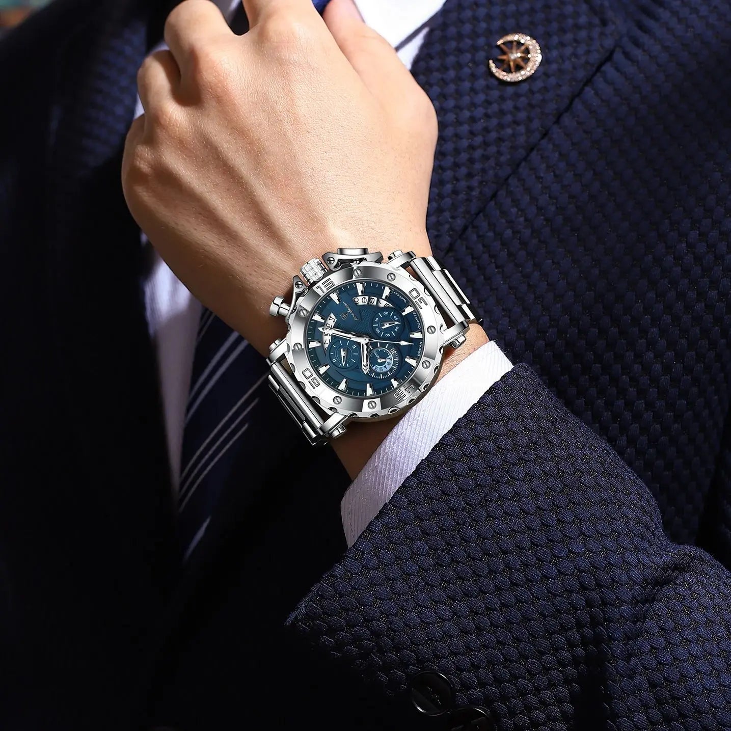 Men’s Luxury Stainless Steel Chronograph Watch – Waterproof Wristwatch with Calendar & Luminous Dial