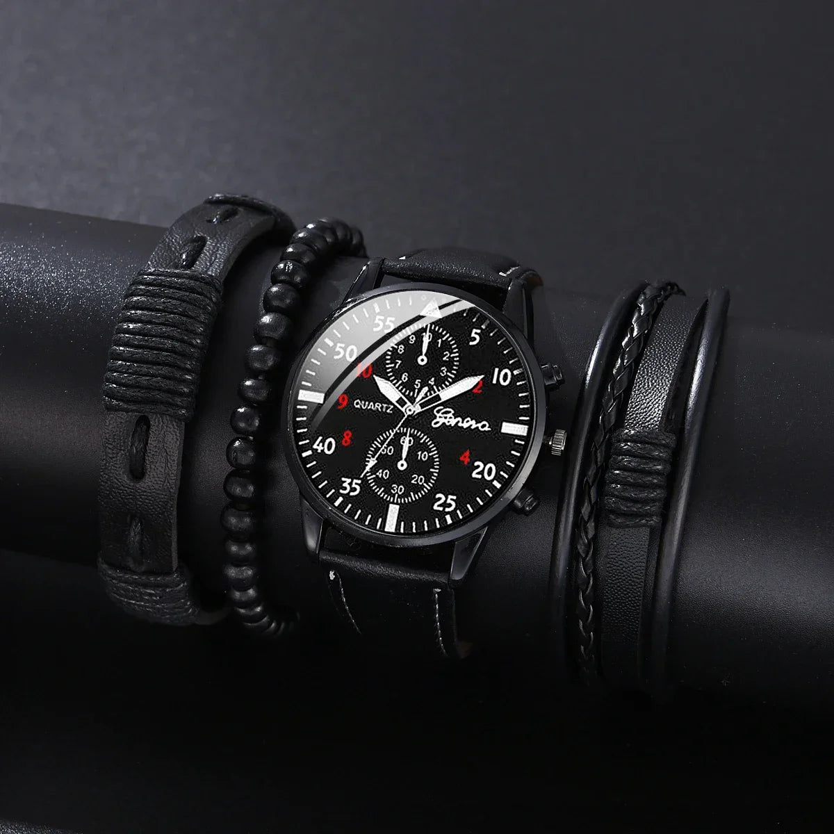 Men’s Luxury Watch Jewelry Set – Leather Strap Fashion Wristwatches Gift Pack with bracelet