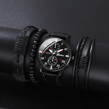 Men’s Luxury Watch Jewelry Set – Leather Strap Fashion Wristwatches Gift Pack with bracelet