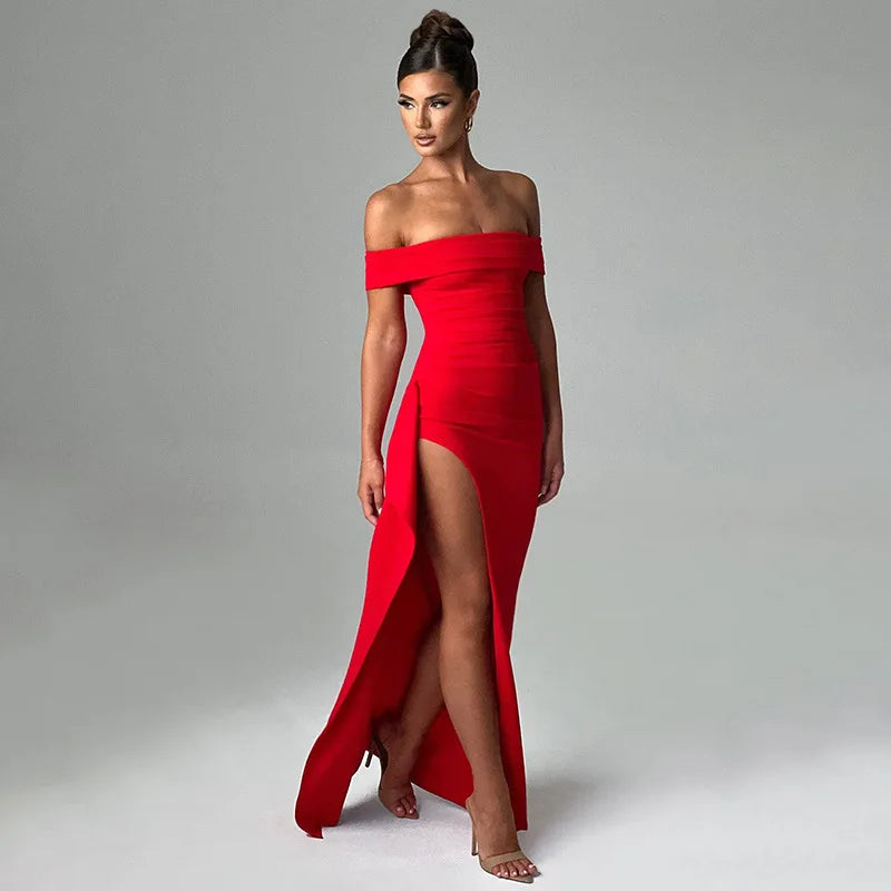 Women’s Off-Shoulder Evening Dress – Elegant High Slit Formal Maxi