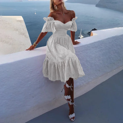 Women’s Off Shoulder Midi Dress – Elegant V-Neck A-Line Slim Fit Dress