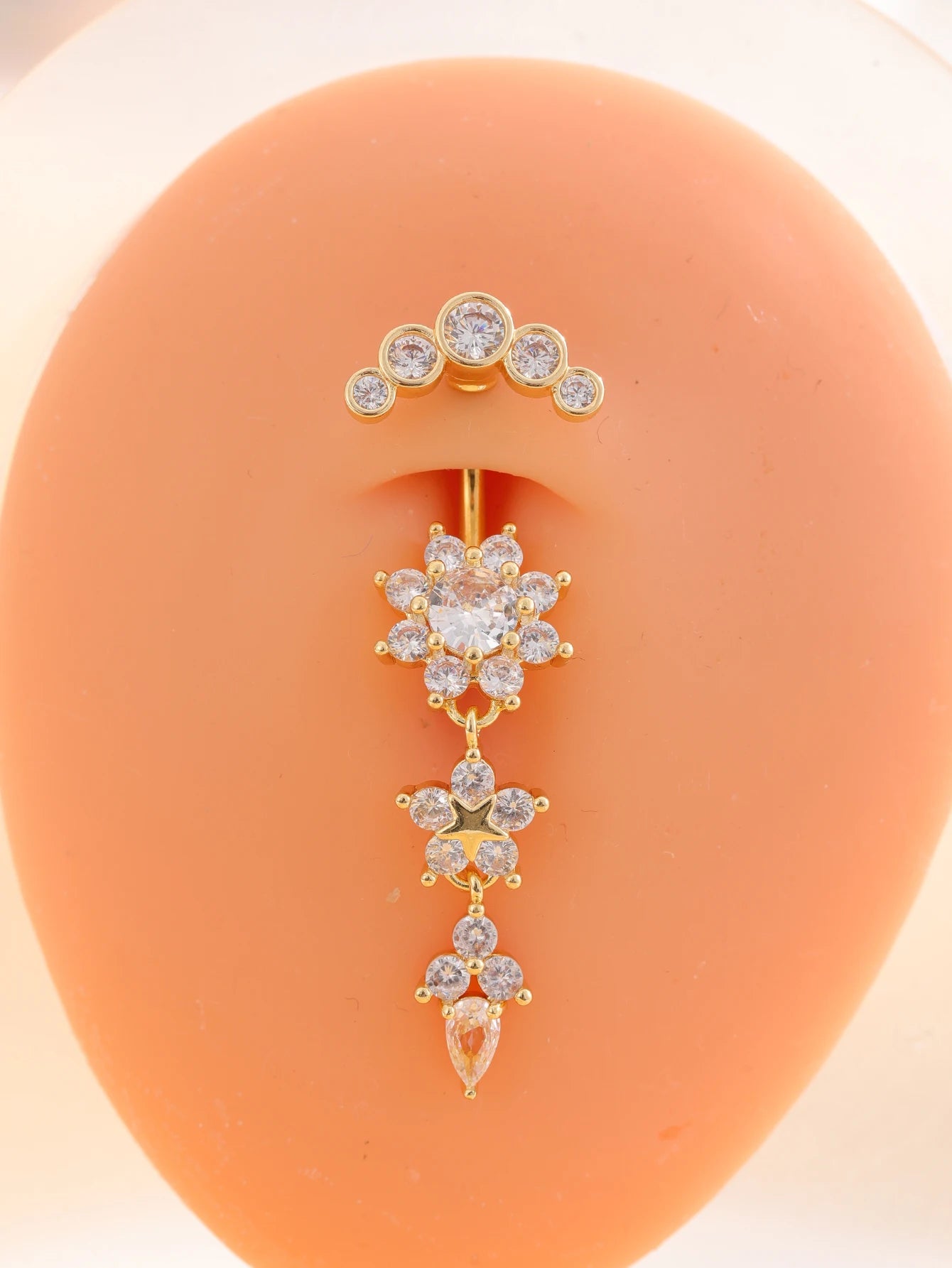 Women’s Gold Stainless Steel Belly Button – Long Dangle Flower CZ Crystal Navel Piercing Jewelry