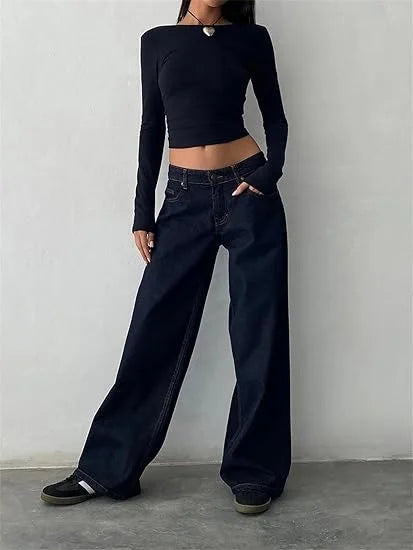 Women’s Jeans Bottom – Low Waist Straight Denim Pants with Pockets Casual Y2K Streetwear