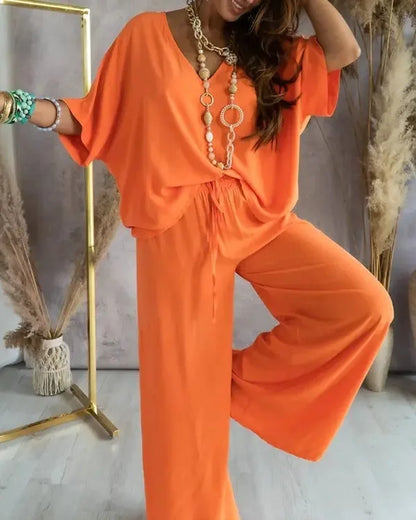 Women’s White V-Neck Bat Sleeve Set Casual Loose Lace Up Wide-Leg Pants Elegant Outfit