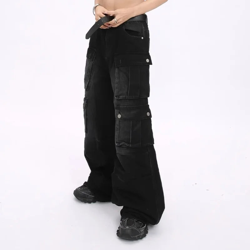 Women’s Cyber Y2K Washed Black Baggy Cargo Jeans Bottom – Wide Leg Streetwear