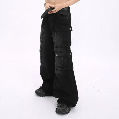Women’s Cyber Y2K Washed Black Baggy Cargo Jeans Bottom – Wide Leg Streetwear