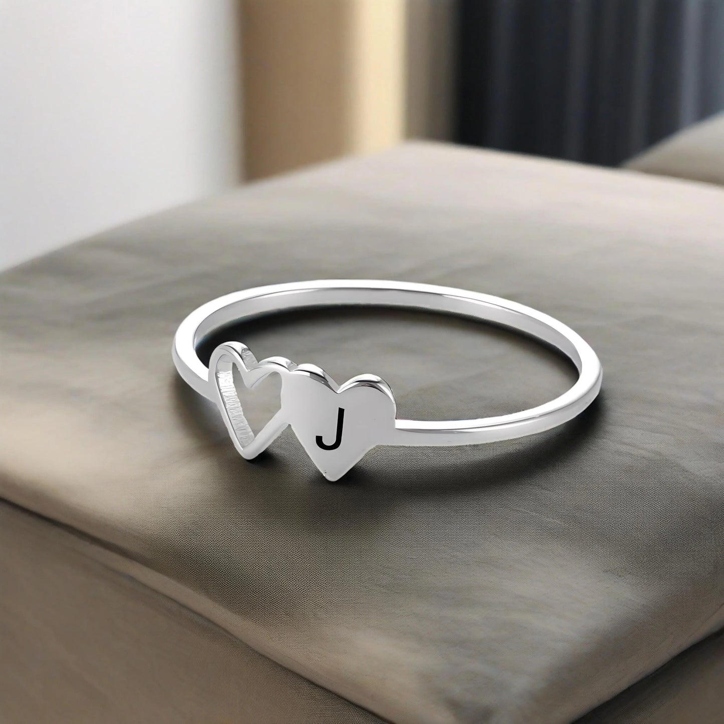 Women’s Stainless Steel Initial Ring – A–Z Alphabet Double Heart Design Jewelry
