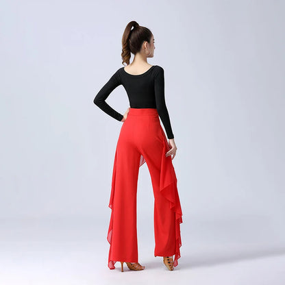 Women’s High-Waist Ruffle Dance Pants – Latin, Tango & Samba Performance Wide-Leg Trousers