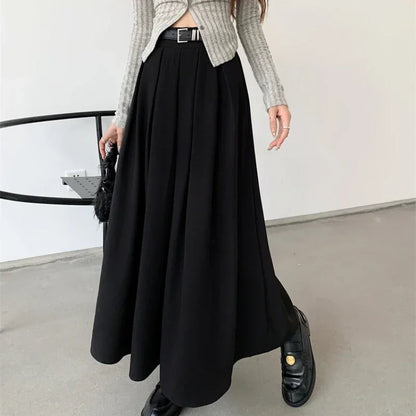Women’s Pleated Long Skirt Bottom – Solid Color Mid-Length Large Swing Skirt Versatile Elegant Style