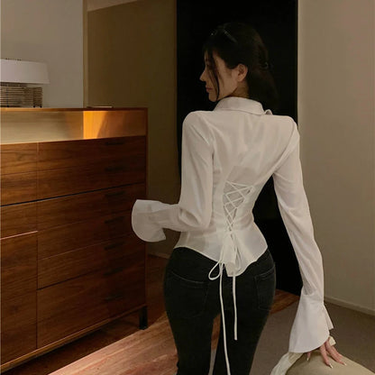 Women’s Korean Bandage Shirt Top – Slim Fit Bell Sleeve Blouse for Spring Casual Streetwear