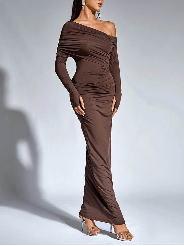 Women’s One Shoulder Asymmetric Elegant Maxi Dress – Long Sleeve Ruched Party Gown