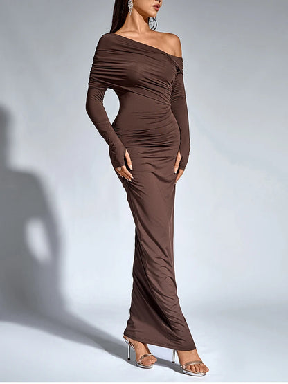 Women’s One Shoulder Asymmetric Elegant Maxi Dress – Long Sleeve Ruched Party Gown