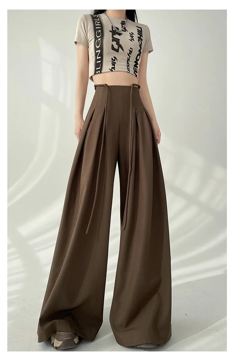 Women’s Streetwear Wide Leg Pants Bottom – Korean High Waist Lace-Up Suit Trousers, Elegant Black Summer Fashion