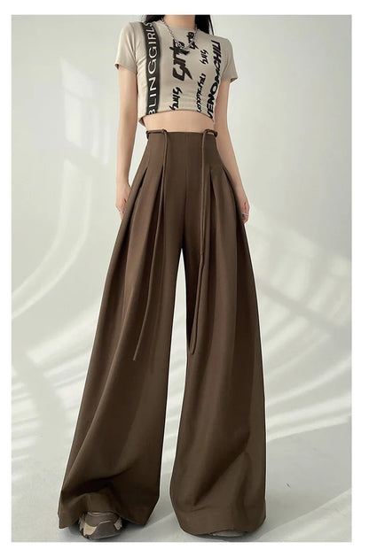 Women’s Streetwear Wide Leg Pants Bottom – Korean High Waist Lace-Up Suit Trousers, Elegant Black Summer Fashion