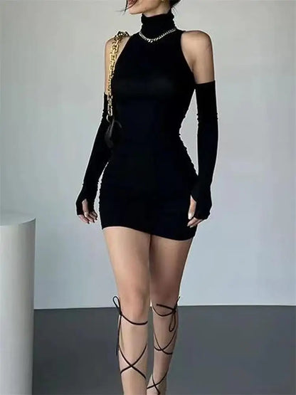 Women’s Ruched Turtleneck Mini Dress – Long Sleeve Stretchy Party Dress