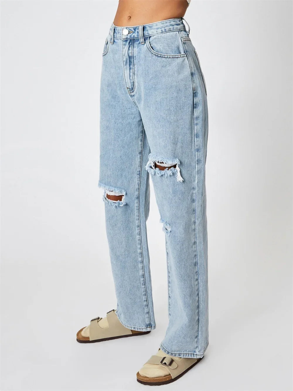 Women’s Ripped Denim Bottom – High Waist Distressed Hole Jeans, Vintage Straight Ankle-Length Pants