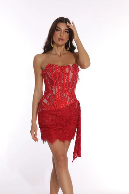 Women’s Strapless Lace Sexy Mini Dress – Elegant Party Sheer Patchwork Slim Fit Gown