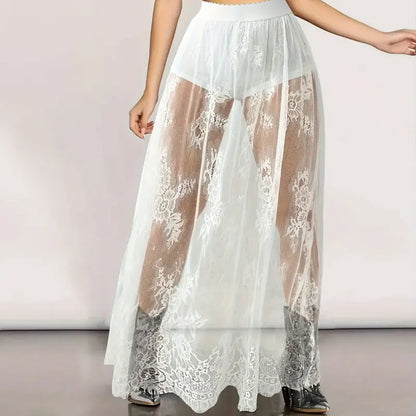 Women’s Elegant Lace Maxi Skirt Bottom – Sexy See-Through Black High Waist Party Skirt