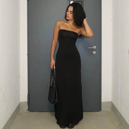 Women’s Black Strapless Long Sleeve Maxi Dress – Elegant Bodycon Evening & Party Outfit for Fall/Winter