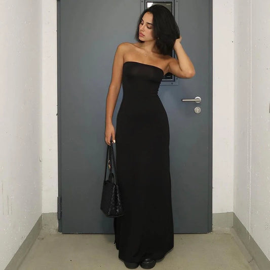 Women’s Black Strapless Long Sleeve Maxi Dress – Elegant Bodycon Evening & Party Outfit for Fall/Winter