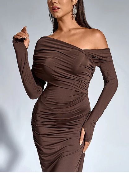 Women’s One Shoulder Asymmetric Elegant Maxi Dress – Long Sleeve Ruched Party Gown