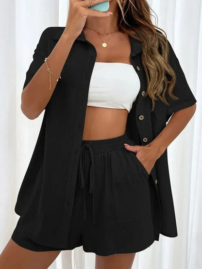 Women’s Long Sleeve Single-Breasted Broad-Leg Casual Set | Sexy Solid Summer 2-Piece Outfit