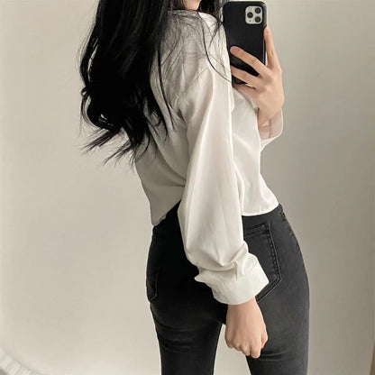 Women’s Long Sleeve Shirt & Blouse – Single Breasted OL Casual Solid Short Top | Elegant Fashion