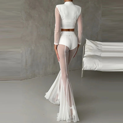 Women’s High Waist Flared Pants – Elegant Slim Fit Patchwork Transparent Bottoms